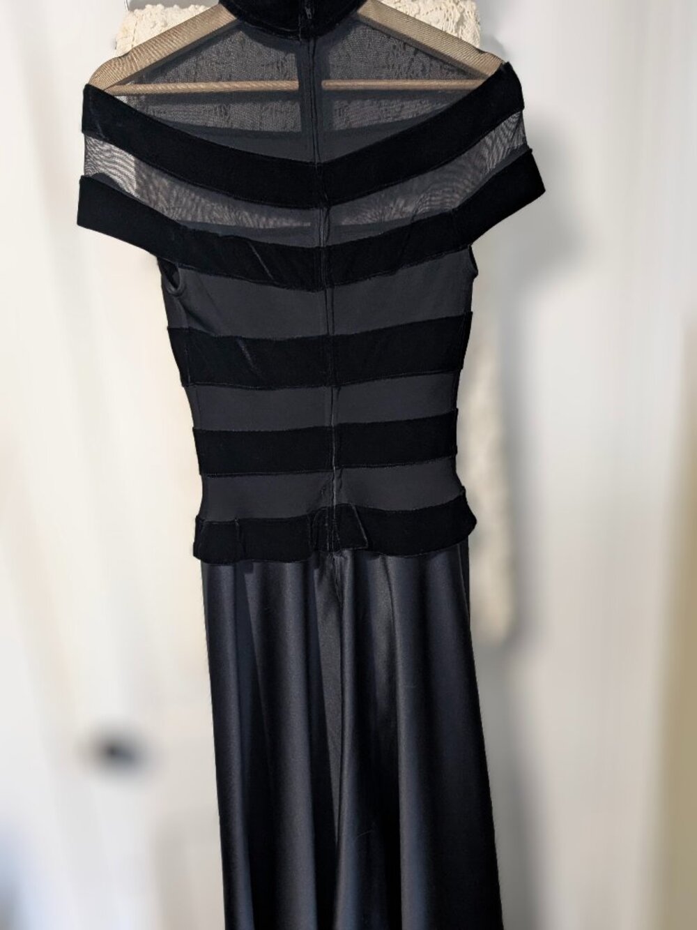 Vintage 90s Tadashi Shoji  Black Velvet Striped Sheer Short Sleeve Formal Maxi